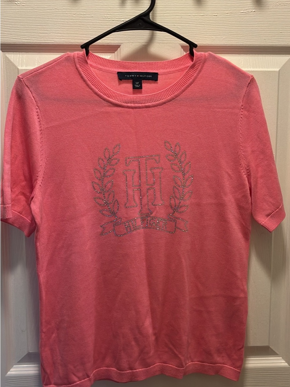 Tommy Hilfiger Pink Short-Sleeve Crystal Logo Knit Top